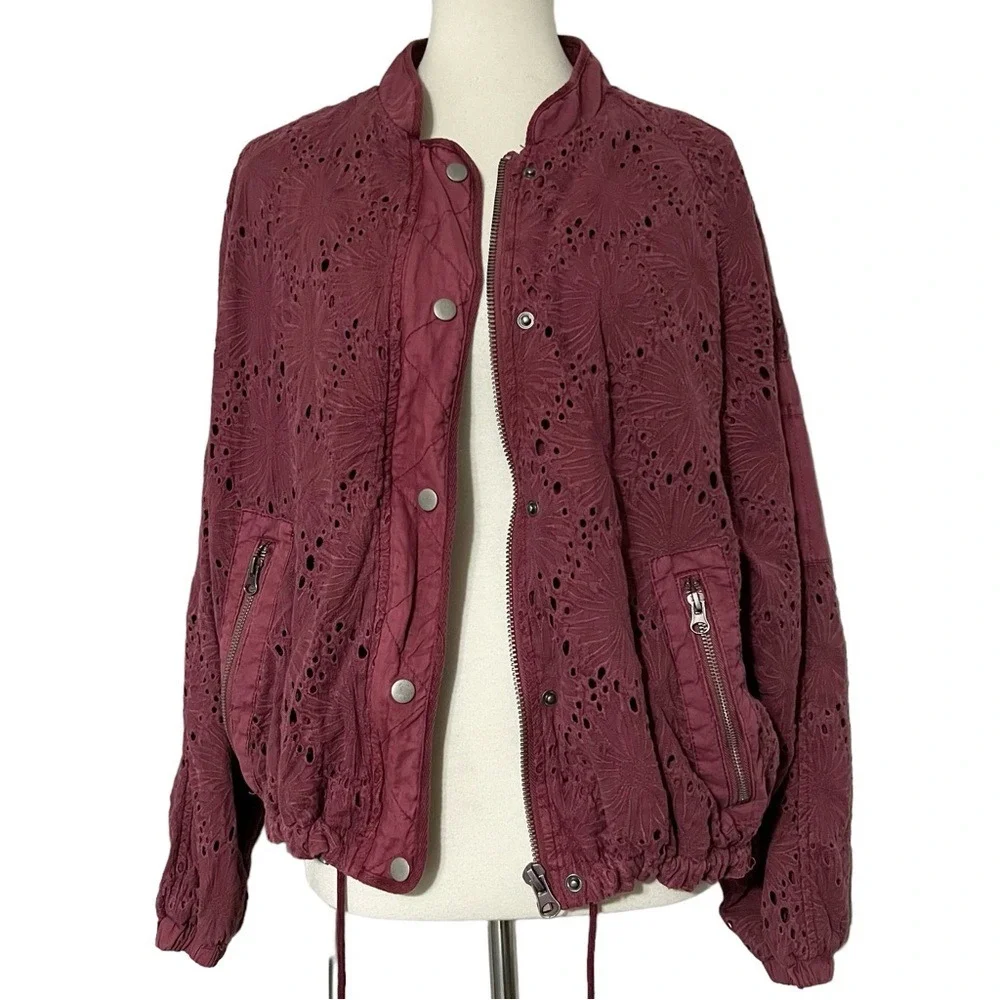Free People Daisy Jane Eyelet Embroidered Bomber Jacket In Raspberry